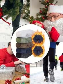 5双装纯色加厚中筒袜，男女通用，保暖舒适，适合日常穿着，秋冬季日常出行、徒步旅行等。圣诞礼物 - 彩色 - 查看 4