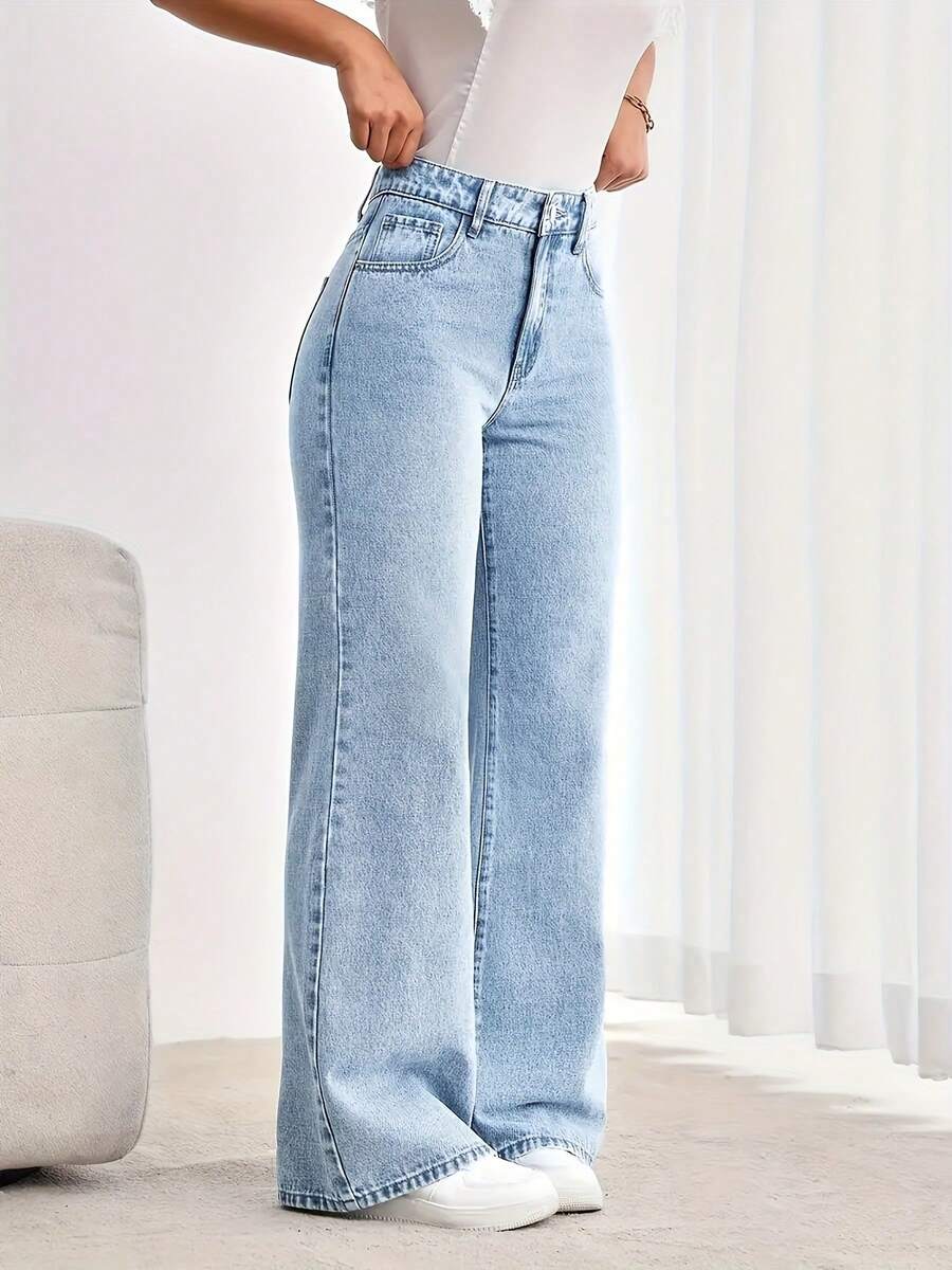 Womens Jeans, Women's Wear In Y2K Style Solid Color Wash Blue High-Waisted Jeans, Loose Diagonal Pocket Zipper Button Open And Close Jeans,  Women's Jeans And Clothing, Jeans>Pants, Suitable For All Seasons, With Multiple Pocket Designs, Religion>Clothes, Suitable For Outdoor Outfits, Cocktail Parties, Parties, Christmas, Nightclubs, Banquets, Film Festivals, Cinemas, Balls, Cocktail Parties, Bars, Weddings Graduation Ceremony, Homecoming, Birthday Party, Rebellious Girl, Holiday-Themed Party, Out Dress, Streetwear, Fashion Show, Date, Valentine 's Day, Out Work University, School Village, Concert, Street Girl, Girl, Country Outfits Women, Out Best Women, Ladies' Holiday Clothing, Country Concert Country Concert Outfit,New Years Outfit Women - Blue - View 1