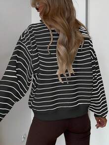 Women's Casual Black & White Striped Long Sleeve Sweatshirt, Comfortable & Minimalist Style, Autumn Spring - Black - View 2