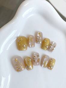 10 Pieces Of Acrylic Press On Nails, Press On Square Fake Nails Short Nails DIY Christmas Nails, Gold Powder Christmas Nail Art, With Elements Of Christmas Trees And Snowflakes Paired With Dazzling Diamonds, Is Luxurious And Full Of Festive Atmosphere,Suitable For Women For Wedding, Party, Holiday, Gift Nail Tools.