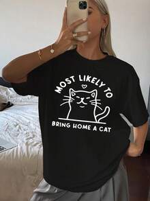 Camiseta gráfica de moda para mujer, camiseta de cuello redondo con estampado gráfico de labios expresivos, top de verano elegante e informal, tela de mezcla de algodón cómoda, perfecta para uso diario y atuendos creativos.Tamaño extra grande - Negro - Ver 1