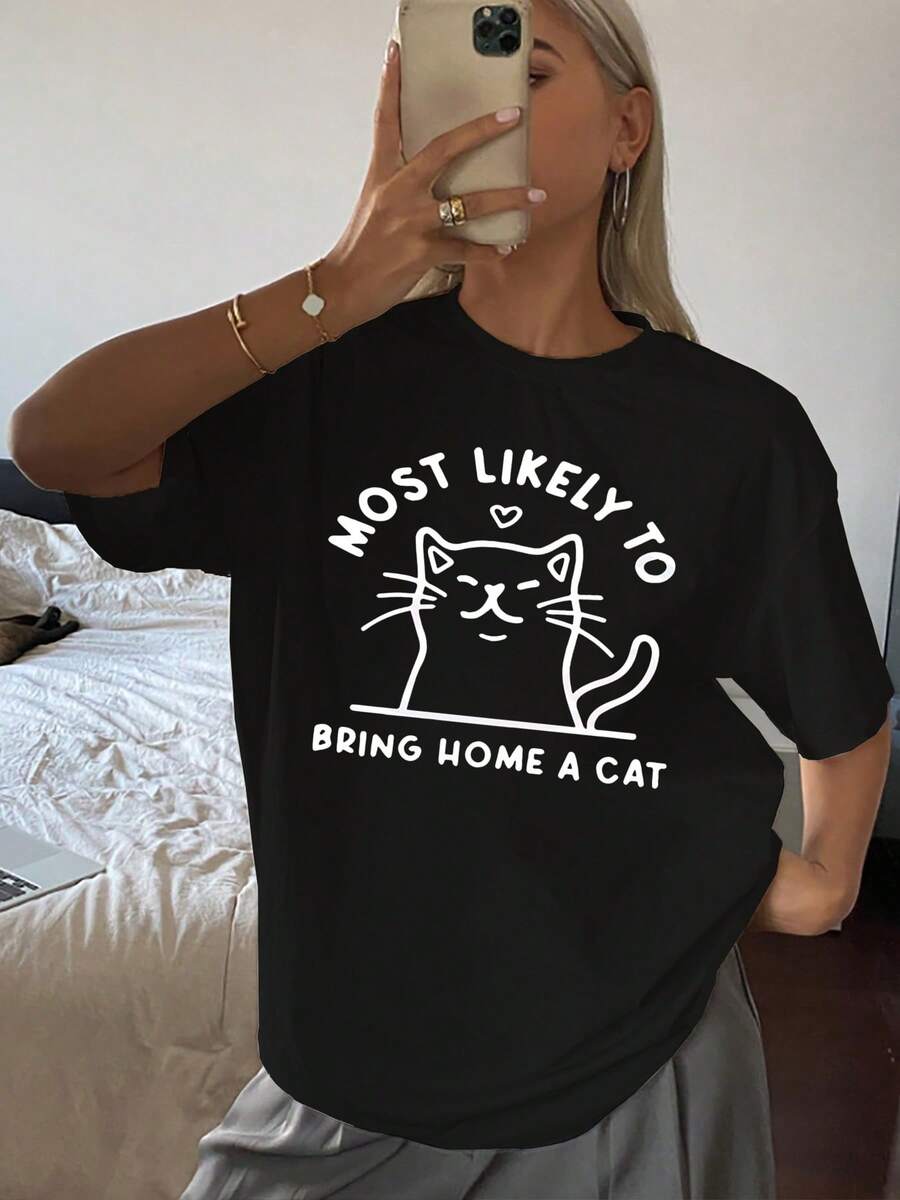 Camiseta gráfica de moda para mujer, camiseta de cuello redondo con estampado gráfico de labios expresivos, top de verano elegante e informal, tela de mezcla de algodón cómoda, perfecta para uso diario y atuendos creativos.Tamaño extra grande - Negro - Ver 1