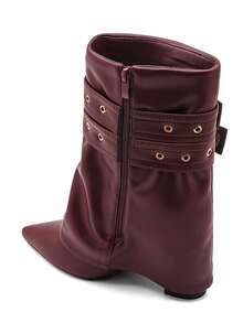 Bottines femme à talon bas avec doubles boucles dorées – style élégant en simili cuir - 酒紅色 - 查看 3