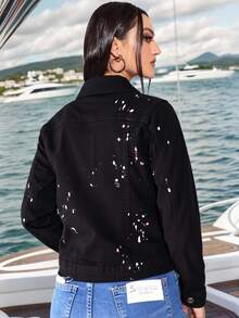 Chaqueta Vaquera con Estampado de Tinta Arrojada, Estilo Individual y Trendy - Negro - Ver 3