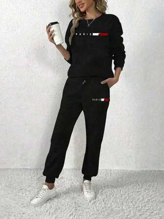 Autumn And Winter Fashionable Elegant And Simple O-Neck Crew Neck Sweatshirt 2-Piece Fleece Thickened Style, Crew Neck Top And Drawstring Pants, Fashionable Parisian Monogram Pattern Print Design, Very Suitable For Casual, Sports, And Home Daily Wear