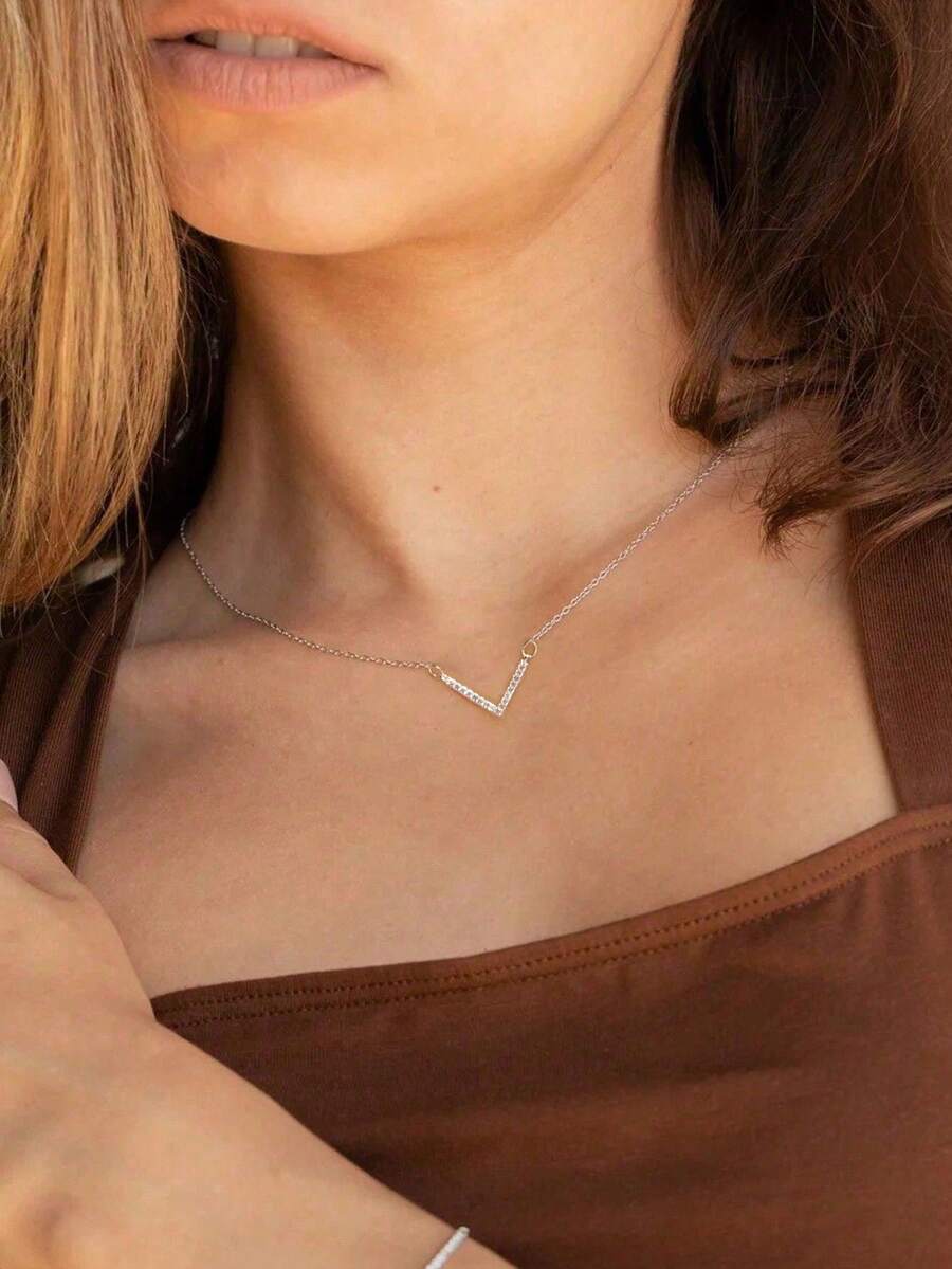 1 pieza Collar minimalista con cadena en forma de V para la clavícula, adornado con rhinestones, collar de acero inoxidable - Plateado - Ver 1