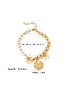 1pc Vintage Copper Plated Beaded Coin Tassel Handmade Chain Bracelet, Suitable For Women's Daily Wear And Holiday Gifts - Yellow Gold - View 3