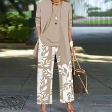 女士休闲宽松印花三件套：阔腿裤、长袖开衫和背心，适合海滩、通勤、欧美风格、冬季穿着。 - 卡其色 - 查看 11