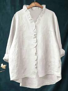 Plus Size Women Ruffle Trim Long Sleeve Regular Fit Casual Blouse, Suitable For Daily Office Wear - White - View 1