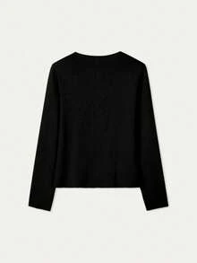 FOR BEAUTY 纯色圆领长袖开衫，女士新款休闲百搭时尚针织衫，通勤优雅修身外套，宽松简约上衣 - 黑色 - 查看 4