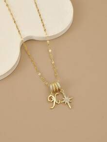 1 件时尚方晶锆石几何不锈钢女士项链，适合日常佩戴，饰有海星、贝壳、足迹、八瓣花、蝴蝶、莲花、八角星、向日葵、硬币徽章、金色珠宝、高品质镀金项链、女士黄金配饰、万圣节礼物、圣诞节礼物