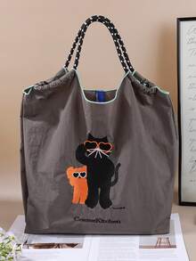 1个刺绣猫咪图案购物手提袋，大容量旅行包尼龙抽绳手提包