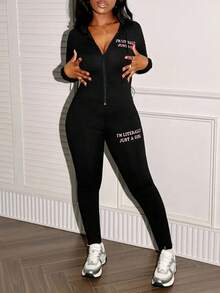 2pcs Plus Size Women Fashion Hooded Long Sleeve Zip-Up Letter Print Jacket And Leggings Set Black Spring Elegant - Black - View 5