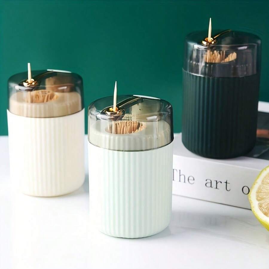 4 Color To Choose From One Toothpick Box, Light Luxury Creative Storage Toothpick Box, Creative Design Cotton Swab Jar, Automatic Release Press Plastic Toothpick Box, Dental Floss Box, Home Accessories - Green - View 1