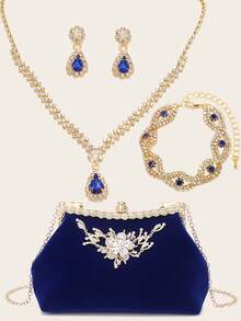 Ladies' Diamond Jewelry Sparkling Luxury Rhinestone Jewelry Set Sparkling Necklace Earrings Bracelet Set Carving Diamond Soft Bag Banquet Handbag Ladies' Handbag Banquet Bag Personalized Bridal Wedding Handbag Sparkling Elegant Handbag Ladies' Ball Use Wedding Party Bridal Wallet Handbag Banquet Belt Detachable Chain Evening Dress Bag - Blue - View 11