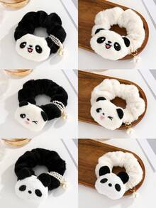 New Cute Panda Pearl Scrunchie Hair Tie, Sweet Cartoon Plush Pom Pom Ponytail/Bun Holder, Casual Elegant Bohemian Hair Accessories, Suitable For Spring, Summer, Autumn, Winter, Ponytail Holders, Hair Elastics, Hair Rubber Bands, Scrunchies, Hair Rope