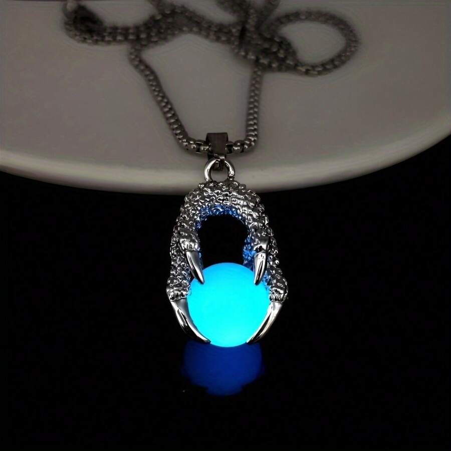 1/3 Piece Luminous Dragon Claw Pendant Necklace - 201 Stainless Steel Chain - Halloween/Christmas/Valentine's Day Gift - Unique Luminous Anime Accessories - Cool Couple Gift (Unisex) Youth Style - 藍光 - 查看 1