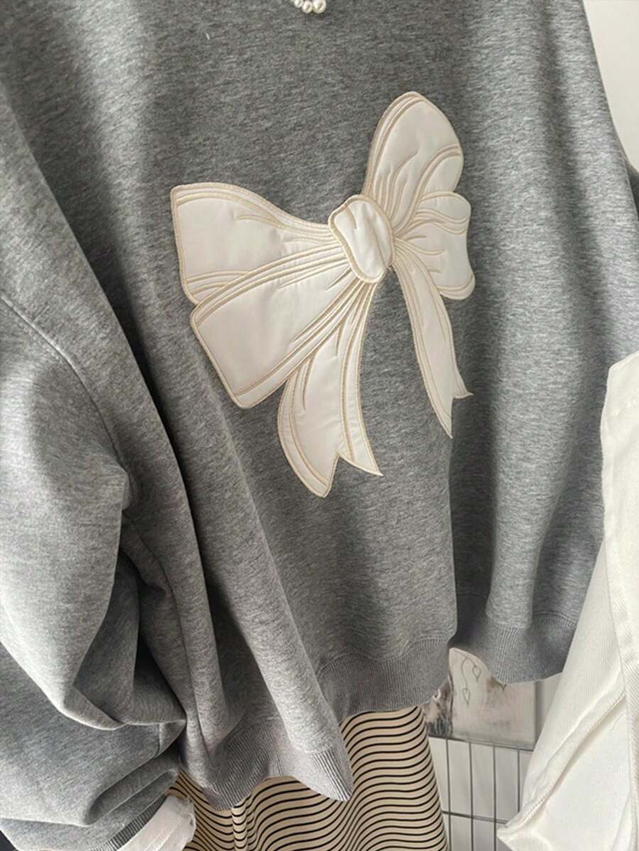 女童灰色蝴蝶结运动衫，甜美可爱风格，3D 超大蝴蝶结，宽松版型，舒适百搭，8-12 岁 - 深灰色 - 查看 1