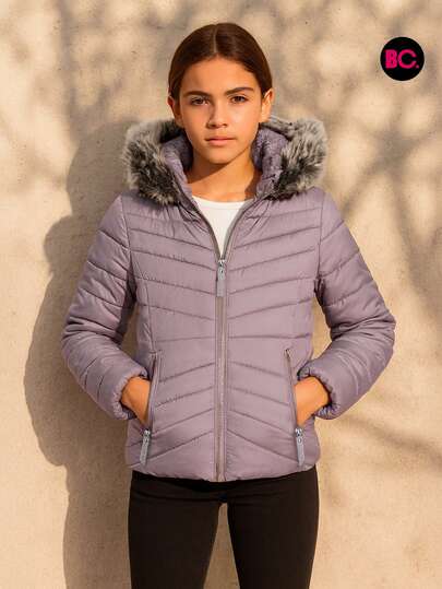 Big City Chamarra Básica Niña Acolchada Afelpado Interno Casual Moda Con Gorro