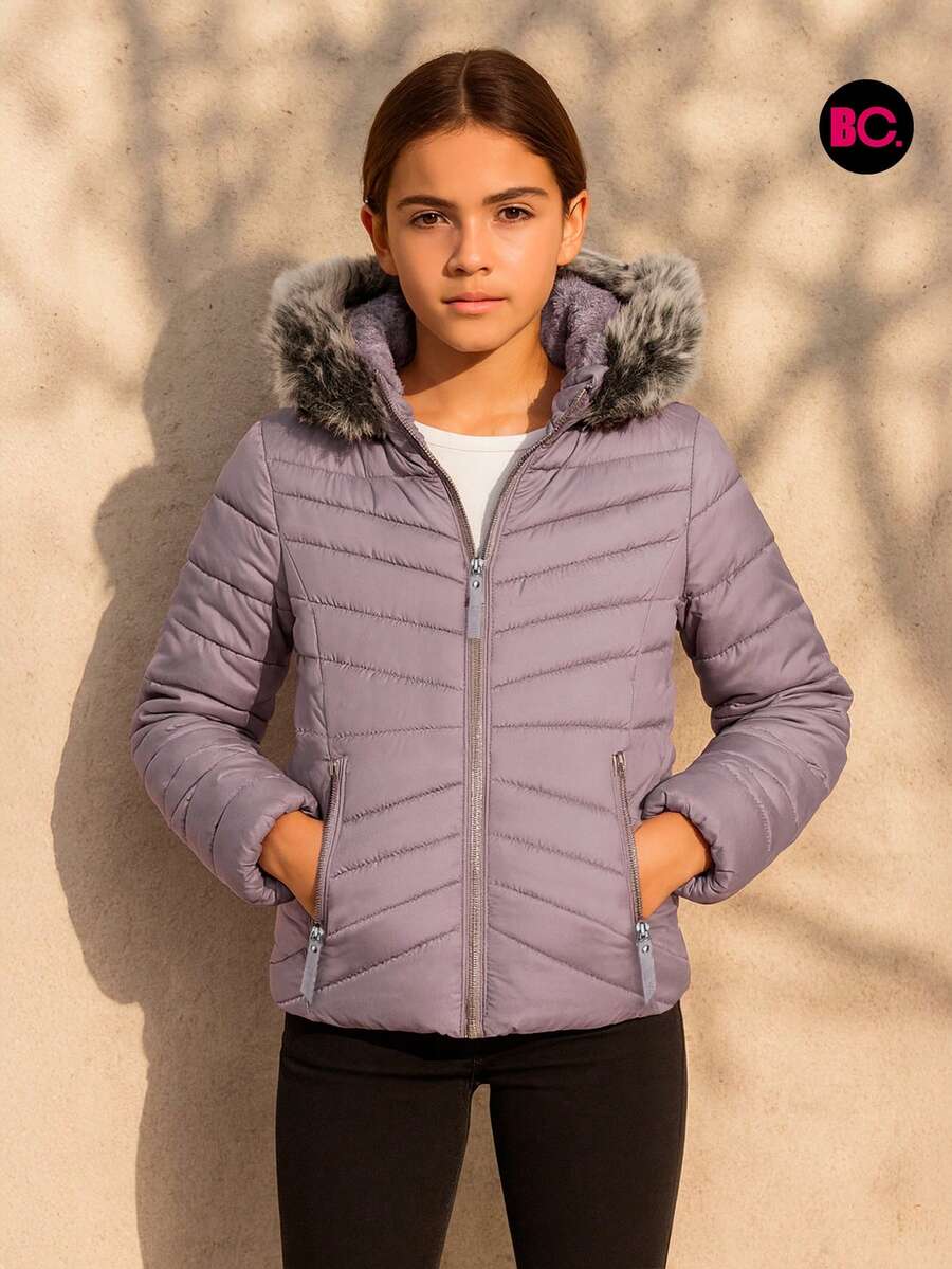 Big City Basic Girl's Quilted Jacket Plush Interior Casual Fashion With Hood - Lilac Purple - View 1