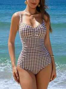 Women's Fashionable Minimalist Ruffle Decor Slim-Fit One-Piece Swimsuit, Suitable For Beach Vacation, Summer - Coffee Brown - View 1