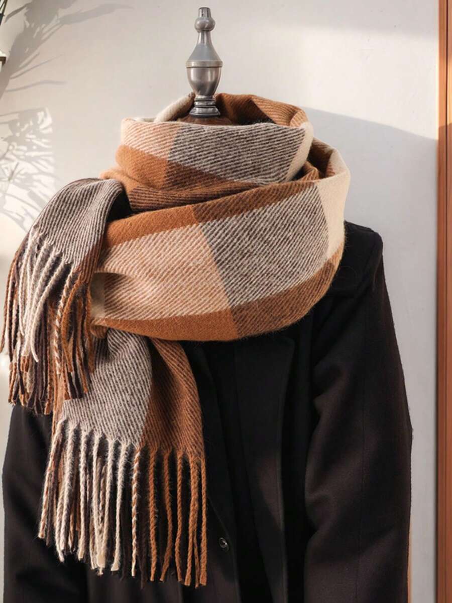 1pc Elegant Vintage Classic Plaid Faux Cashmere Scarf, Warm And Windproof, Suitable For Outings, Commuting, Campus, Formal Events, Outdoor, Travel And Photography, Fashionable And High-End, Versatile Clothing Accessory