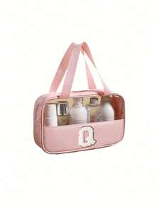1 pièce Sac de maquillage organisateur en PVC transparent, design de lettre, sac de maquillage portable et imperméable, sac de toilette minimaliste avec patch initial, cadeau pour maman, sac de plage, accessoires de plage, serviette de plage, fournitures de plage, sac de vacances, indispensable pour les vacances d'hiver et d'automne, cadeau de la Saint-Valentin