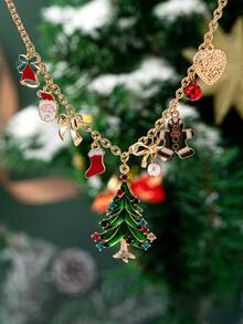 1 Pc Enameled Christmas Tree Pendant, Gingerbread Man Heart Locket Gingle Bells Bow Charm Necklace, 2025 Winter Holiday Festive Jewelry Gift For Women & Girls - Christmas Tree Gingerbread Man Necklace - View 2