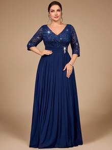 Đầm dài dự tiệc trang trọng, cổ chữ V, đính sequin, ren hoa, tay lỡ 3/4, đính đá, eo nhún, xếp ly tương phản, chất liệu chiffon, thích hợp cho đám cưới, sinh nhật, lễ tốt nghiệp, tiệc tối, cỡ lớn, thanh lịch, mùa xuân. - Màu xanh hải quân - Xem 6
