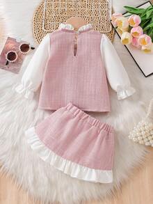 2pcs Baby Girls' Fashion Cute Casual Set - Bow Decor Mock Neck Top + Bow Pleated Skirt, Pink