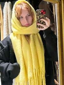 1件装女士秋冬新款毛绒流苏围巾，保暖舒适大披肩，防风保暖，适合户外活动，简约百搭，日常搭配连衣裙也同样适用。 - 17-鵝黃 - 查看 3