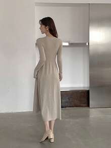 Autumn/Winter Korean Style Apricot Elegant Waist Cinched Cutout Shoulder Long Sleeve Women Sweater Dress