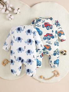 Newborn 2 Pieces Romper Set, Cute Cartoon Elephant & Big Truck All-Over Print Long Sleeve Shoulder Design Footed Jumpsuit, Snap Crotch Baby Everyday Wear - Multicolor - View 4