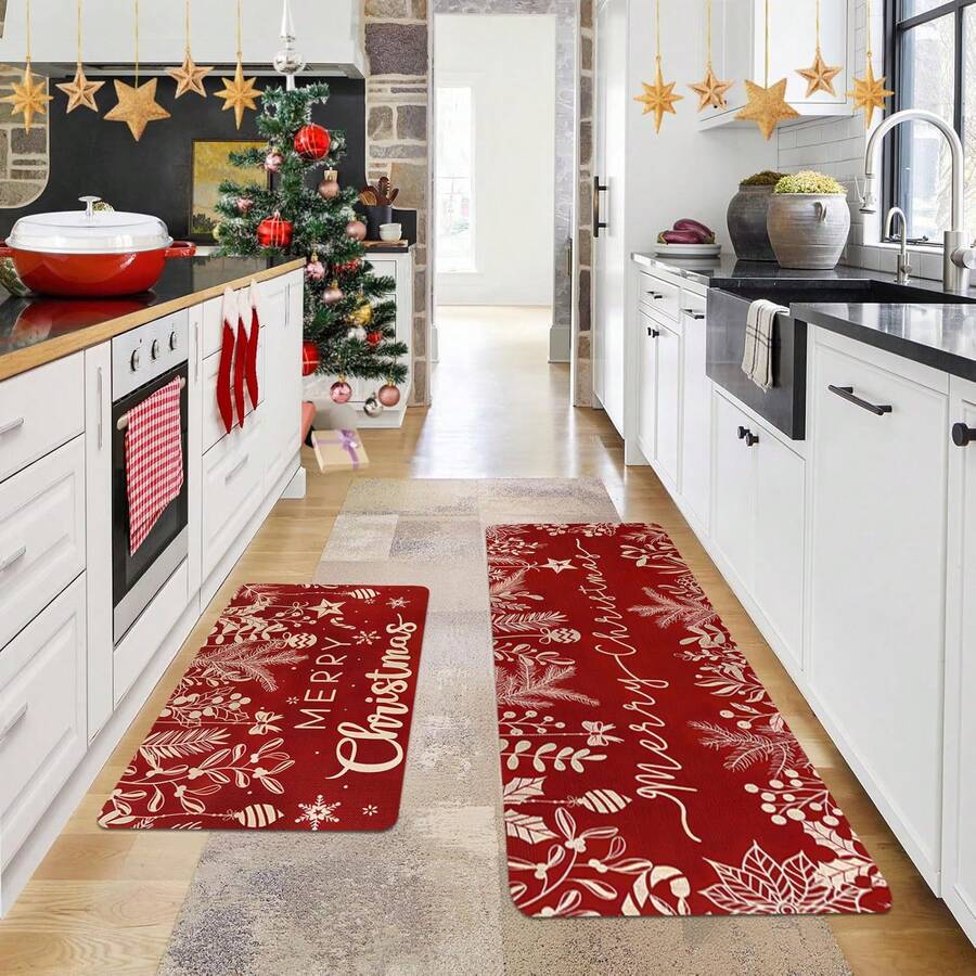 1/2 pezzi Tappeti da pavimento natalizi, sfondo rosso classico con decorazioni di rami e motivi floreali, decorazione per atmosfera natalizia, tappeti da cucina, decorazione per la stanza, perfetti per sala da pranzo, corridoio, bagno, camera da letto e ingresso - Multicolore - Visualizzare 1