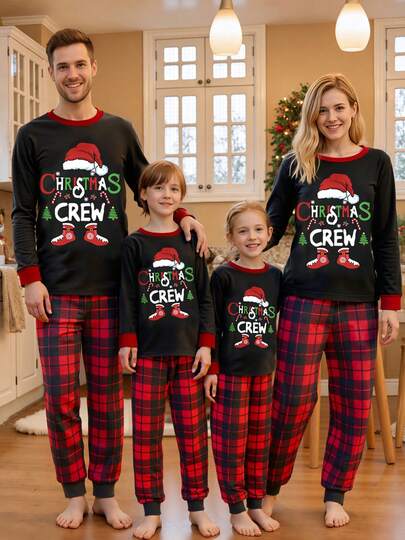 Christmas Family Pajamas Matching Set, Long Sleeve Letters Print T-Shirt With Plaid Pants Holiday Casual Xmas PJs Set Loungewear