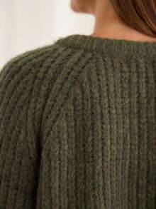 Women's Solid Color Round Neck Raglan Sleeve Long Sleeve Loose Front Button Casual Knit Cardigan - Dark Green - View 6