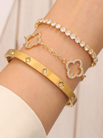 奢华优雅时尚四叶草锆石镶嵌不锈钢手链套装，适合女士日常佩戴、正式活动、约会和送礼