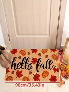 1pc Best-Selling "Hello Fall" Pumpkin & Maple Leaf Themed Doormat/Small Rug - 900GSM Soft Velvet, Machine Washable, Durable, Stain-Resistant, Quick Dry, Suitable For Indoor/Outdoor Decor, Bedroom, Kitchen, Photo Props, Holiday Gifts, All Season