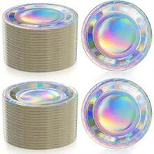 10/50/100pcs Rainbow Color Paper Plates, 7 Inch/9 Inch Round Disposable Party Plates, Holographic Rainbow Color Dessert Plates For Birthday, Baby Shower, Wedding, Dinner, Picnic