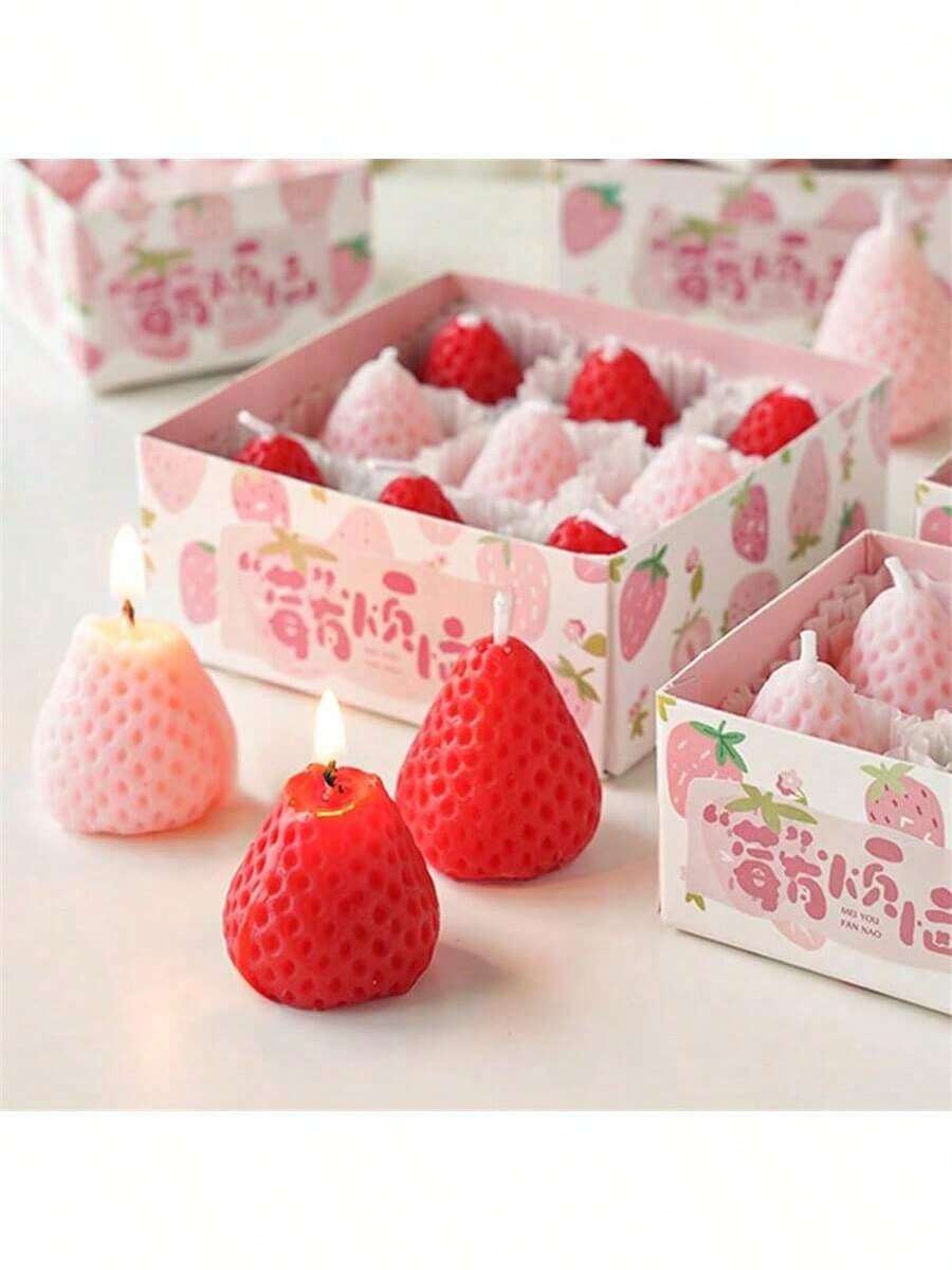 60pcs Soy Wax Strawberry Scented Candles, Cute Creative Handmade Candles, Ideal For Birthday, Meditation, Stress Relief, Bathing, Party Decoration, Birthday Gifts, Holiday Decor - Pink - View 1