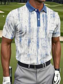 Polo de golf en tricot de nid d'abeille abstrait d'été pour hommes, polo de sport décontracté à manches courtes avec imprimé 3D, fermeture à boutons, bleu - Bleu azur - Voir 9