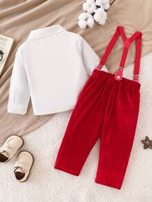 2 Stücke Jungs Gentleman Outfit Set - Langarm Hemd mit Fliege + Hosenträger rote Hose, Weihnachten, Geburtstag, Feiertagsparty Formeller Anzug - Rot - Übersicht 8