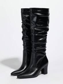 女士时尚热销尖头褶皱高跟绒面革和皮革过膝套穿靴，秋季、冬季、秋冬季，黑色，派对 - 黑皮 - 查看 7