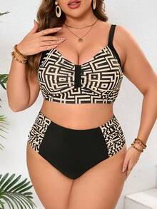 European And American New Women's Large Size Bikini High Waist Stitching Fashionable Sexy Plaid Print Split Swimsuit Swimsuit - 薑色 - 查看 3
