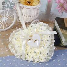 1pc Wedding Ring Pillow (Free Random Style Ring) Heart Shape Wedding Ring Box Pillow Cushion With Ribbon Pearl Lace Crystal Rose Wedding Ceremony Ring Holder For Ceremonies