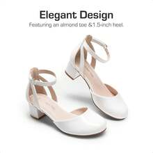 Little Girl's Wedding Party Pumps - Closed Toe High Heels With Ankle Strap For Toddler & Big Kid - White - View 4
