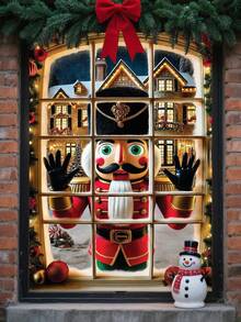 1 pièce Livre de l'histoire du Casse-Noisette rouge et or, décor de fenêtre de Noël, 80 cm * 120 cm, style fantaisie des vacances, décoration de fenêtre rectangulaire avec village enneigé, lumières scintillantes, boules de Noël, scène de nuit sous la lune, convient pour la décoration intérieure/extérieure de la maison, théâtre, fête de Noël et d'hiver