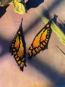 1 Pair Women's Fashion Beaded Earrings, Bohemian Style, Vintage, Animal & Insect Pattern, Blue & Orange Butterfly Shape, Tassel Pendant Swaying, Elegant Charm Fashion Accessory, Handmade, Suitable For Women, Couples Daily Wear/Daily Gift, Suitable As Holiday Gift