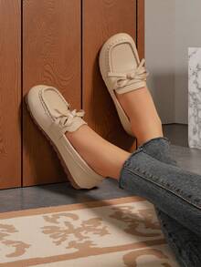Women's Spring/Autumn New Collegiate Style Bow Decor Loafers, Non-Slip, Lightweight, Comfortable Soft Sole, Fashionable Mother Shoes - Khaki - View 4