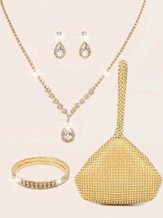 4-delat smyckeset med strass, bling, halsband, örhängen, armband, set för kvinnor, aftonväska, brudväska, bröllop, gnistrande kristaller, diamanter, mini, söt triangeldesign, kuvertväska för kvinnor, balväska med avtagbar metallkedja, för bröllop och fest, axelväska för kvinnor, kuvertväska för damer, handväska för kvinnor, mångsidig glitterväska, cocktailparty, bröllop, ny plånbok, bankettväska för brud och brudtärnor